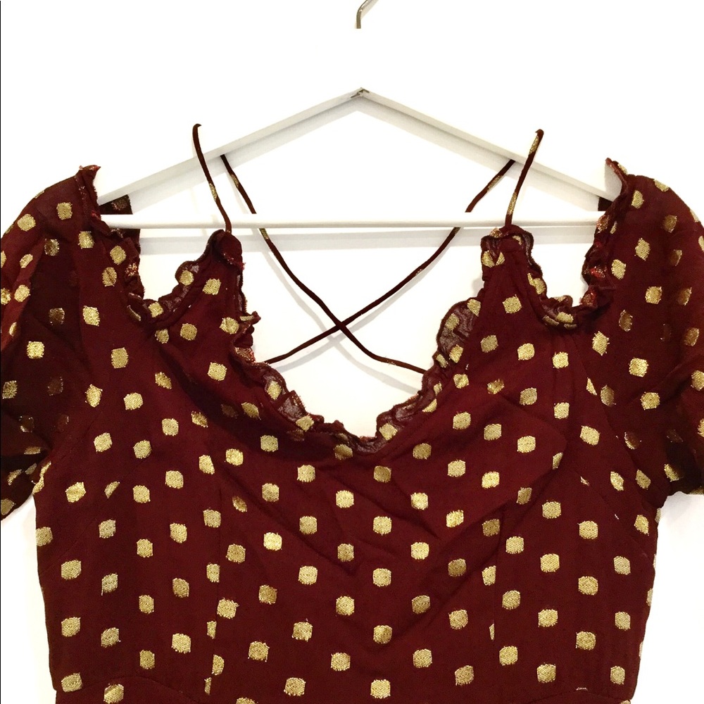 NWOT Topshop Off Shoulder Burgundy Gold Polka Dot Glam Mini Dress Sz 6 - Picture 4 of 8